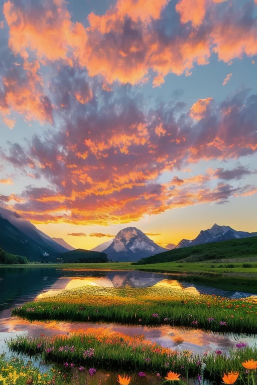 Serene landscape at sunset, tranquil lake