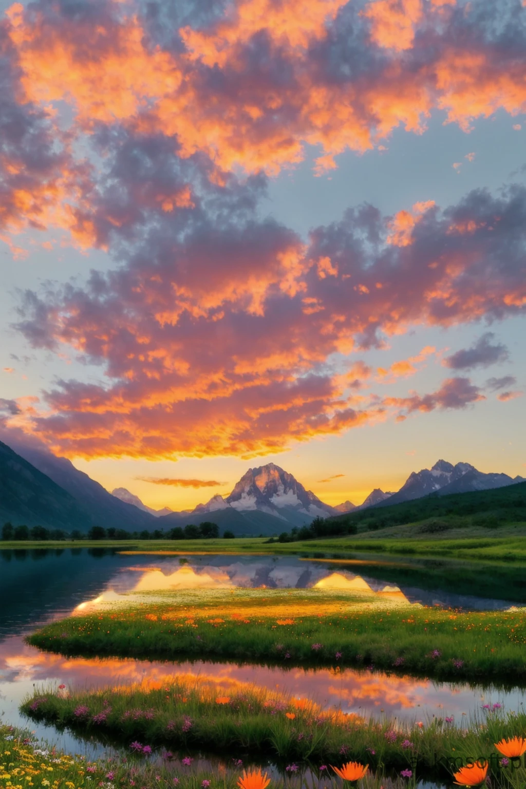 Serene landscape at sunset, tranquil lake