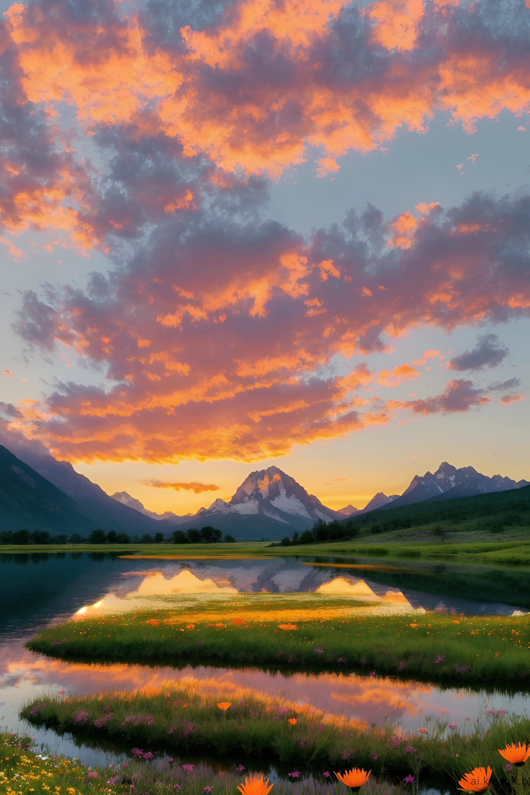 Serene landscape at sunset, tranquil lake