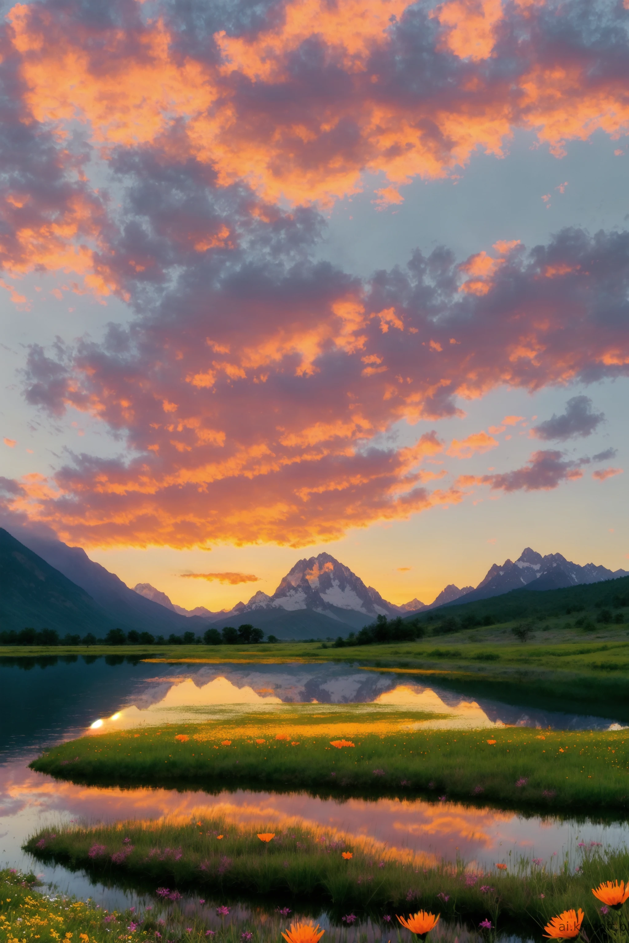 Serene landscape at sunset, tranquil lake
