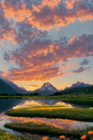 Serene landscape at sunset, tranquil lake