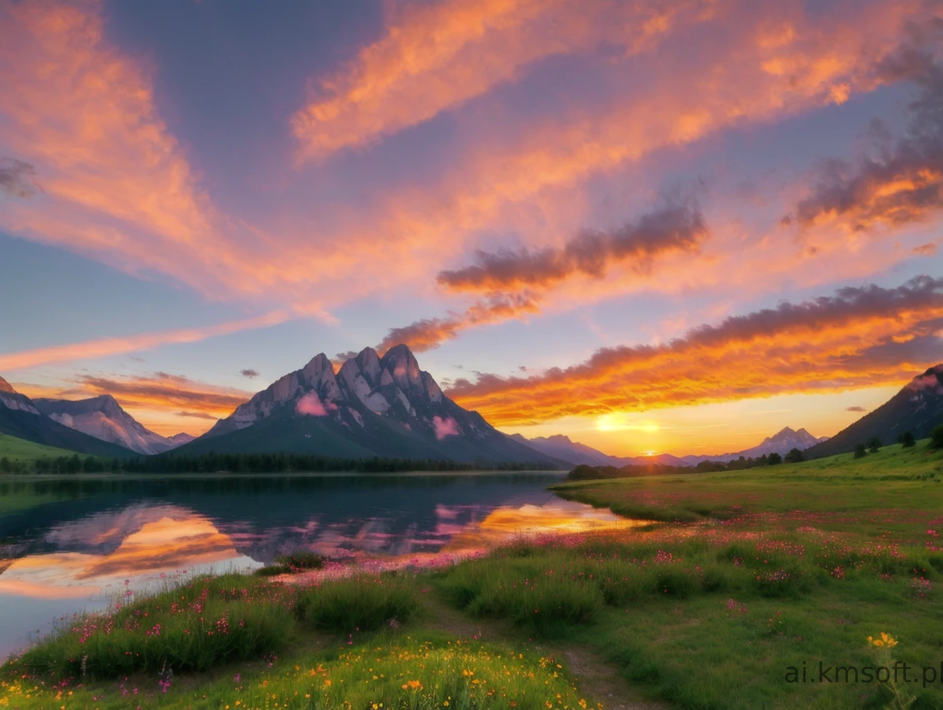 Serene landscape at sunset, tranquil lake