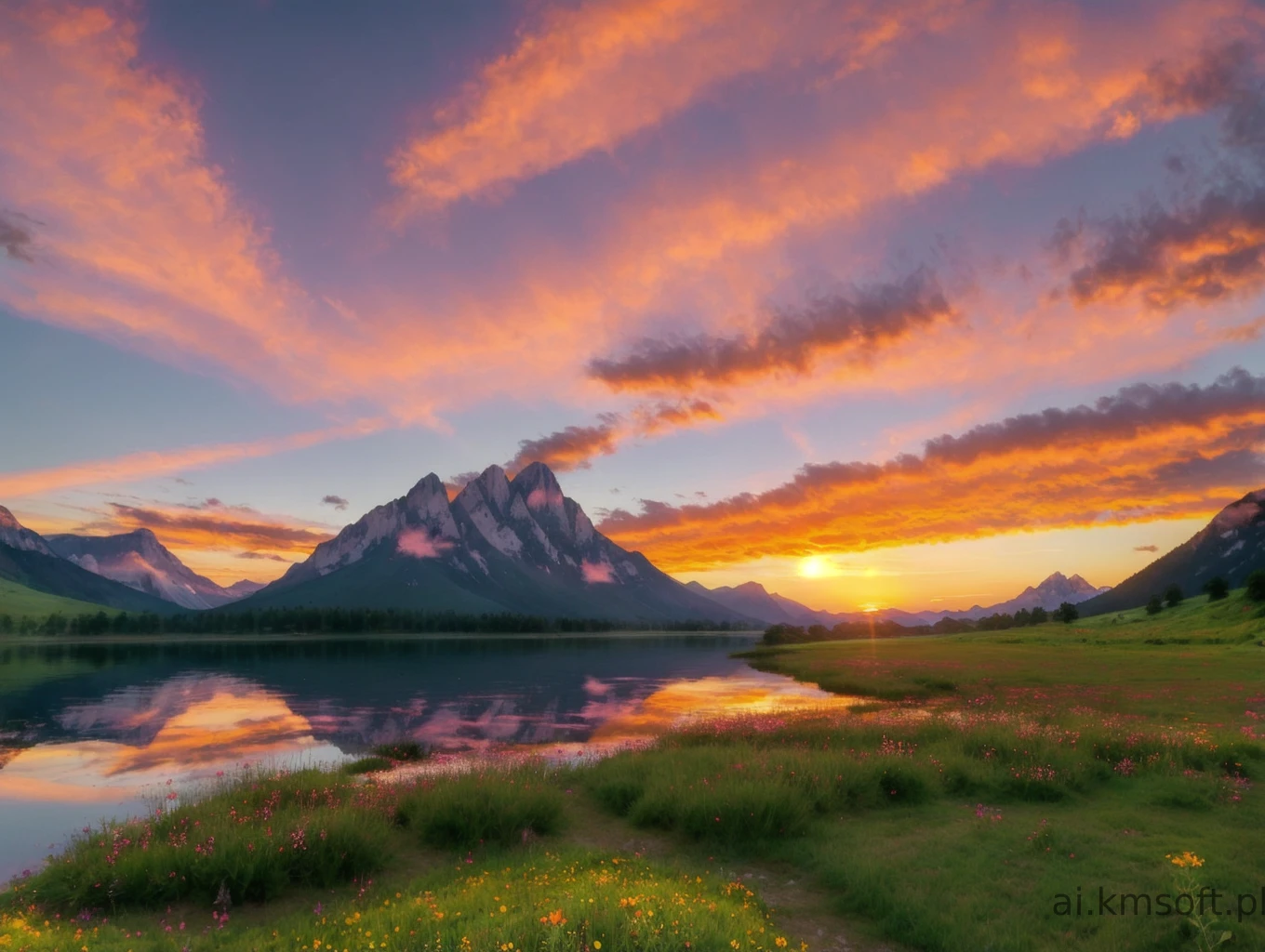 Serene landscape at sunset, tranquil lake