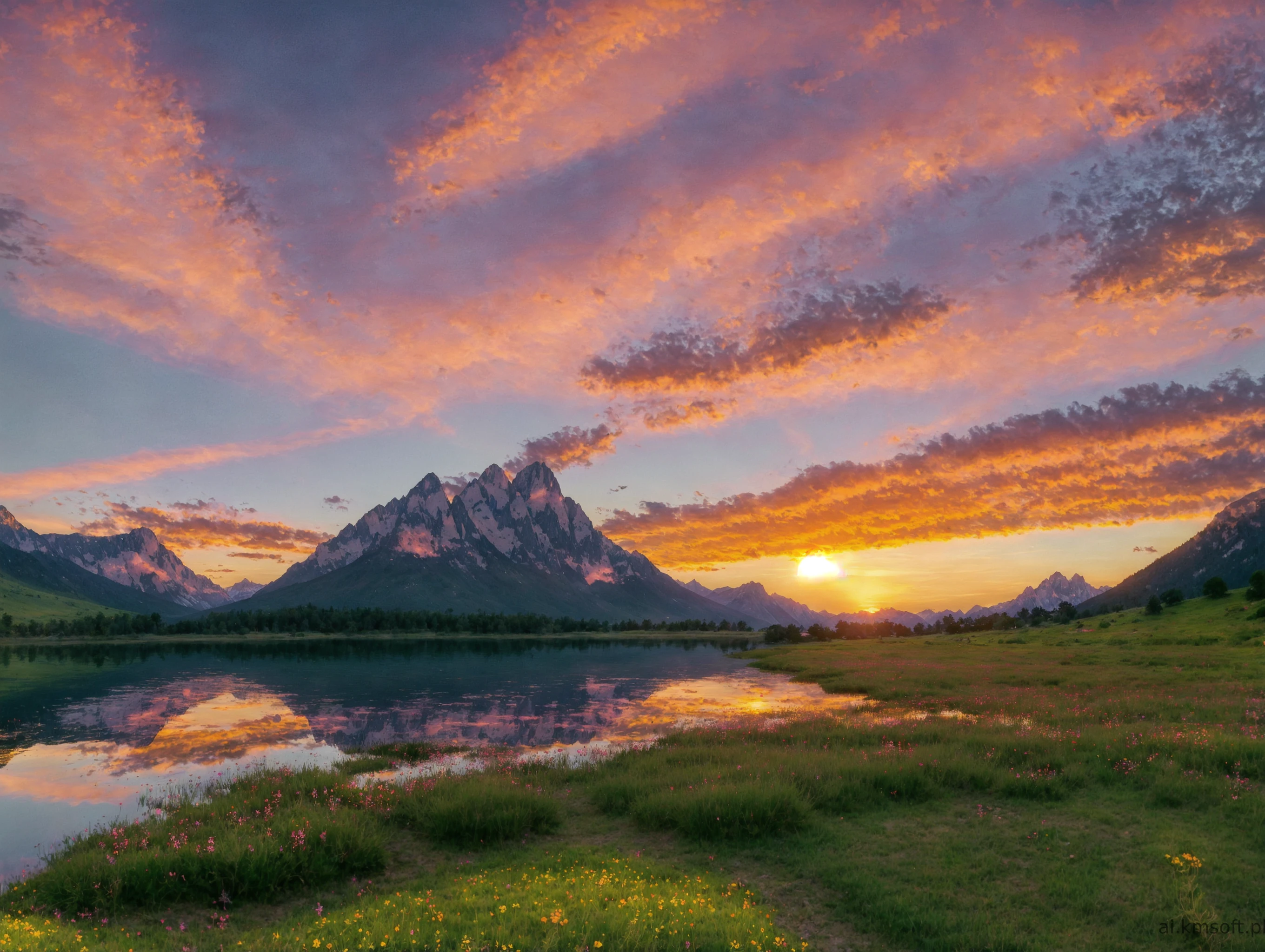 Serene landscape at sunset, tranquil lake