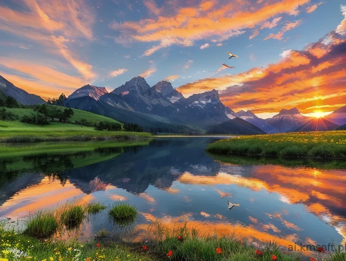 Serene landscape at sunset, tranquil lake