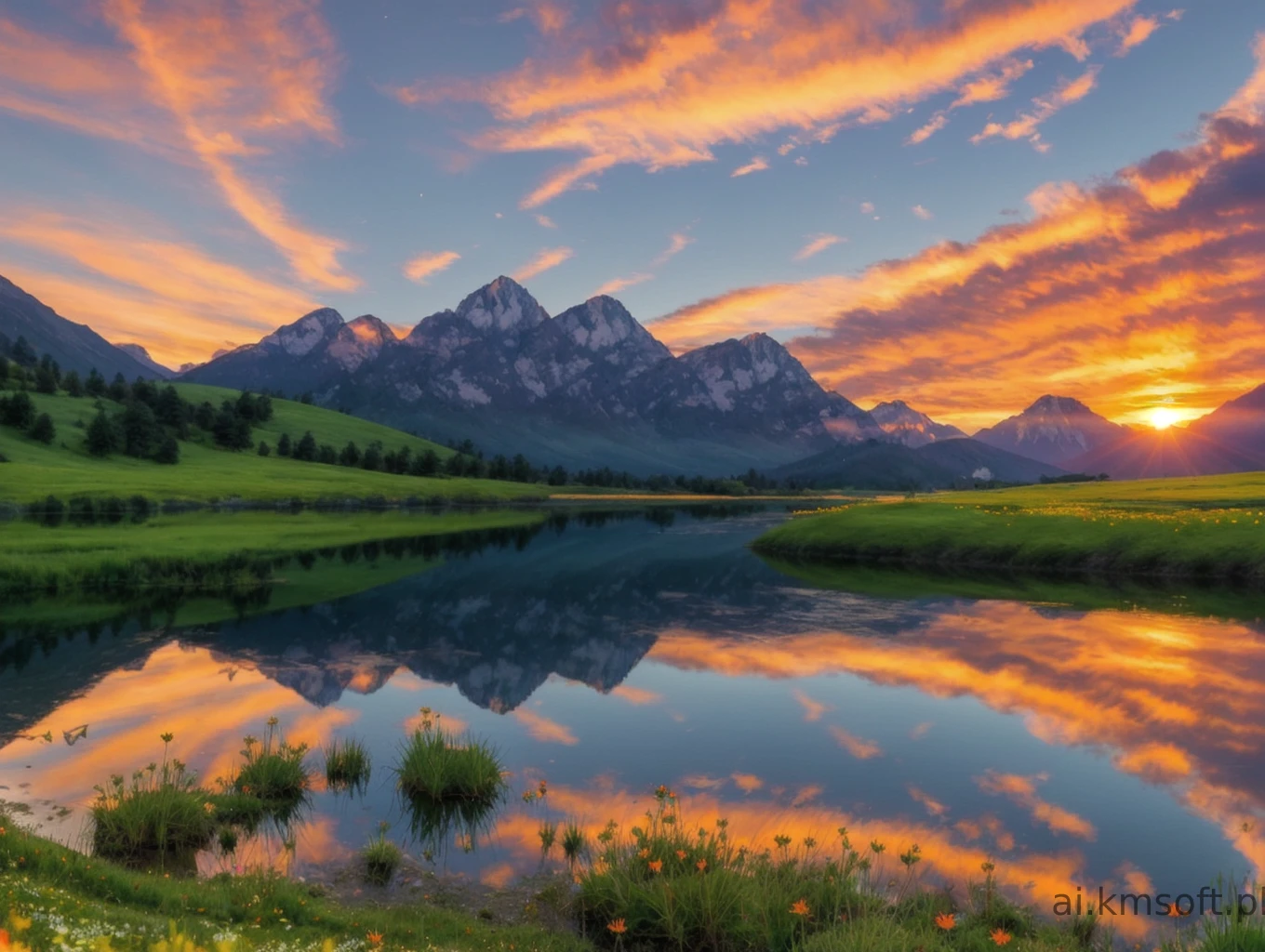 Serene landscape at sunset, tranquil lake