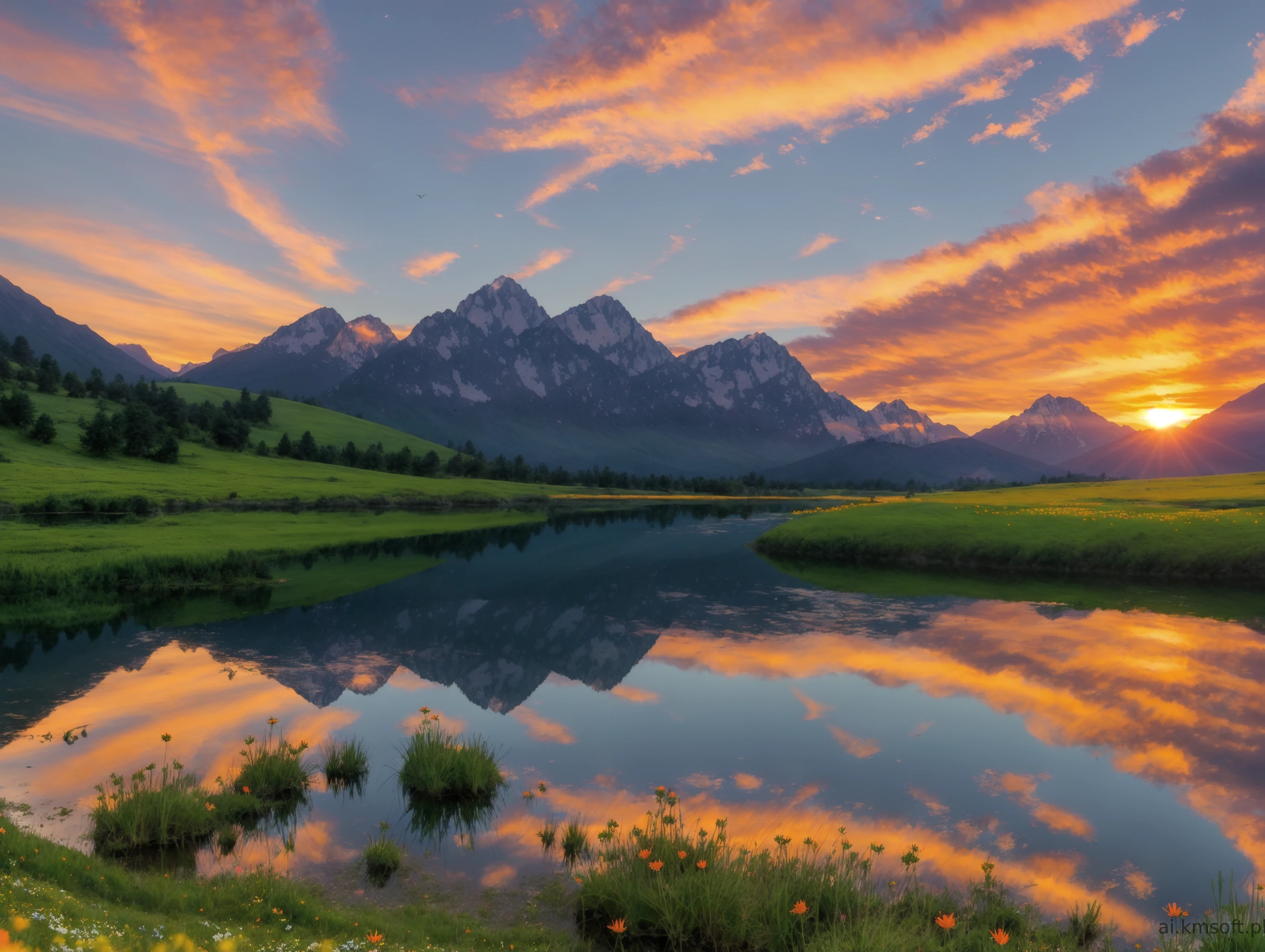 Serene landscape at sunset, tranquil lake