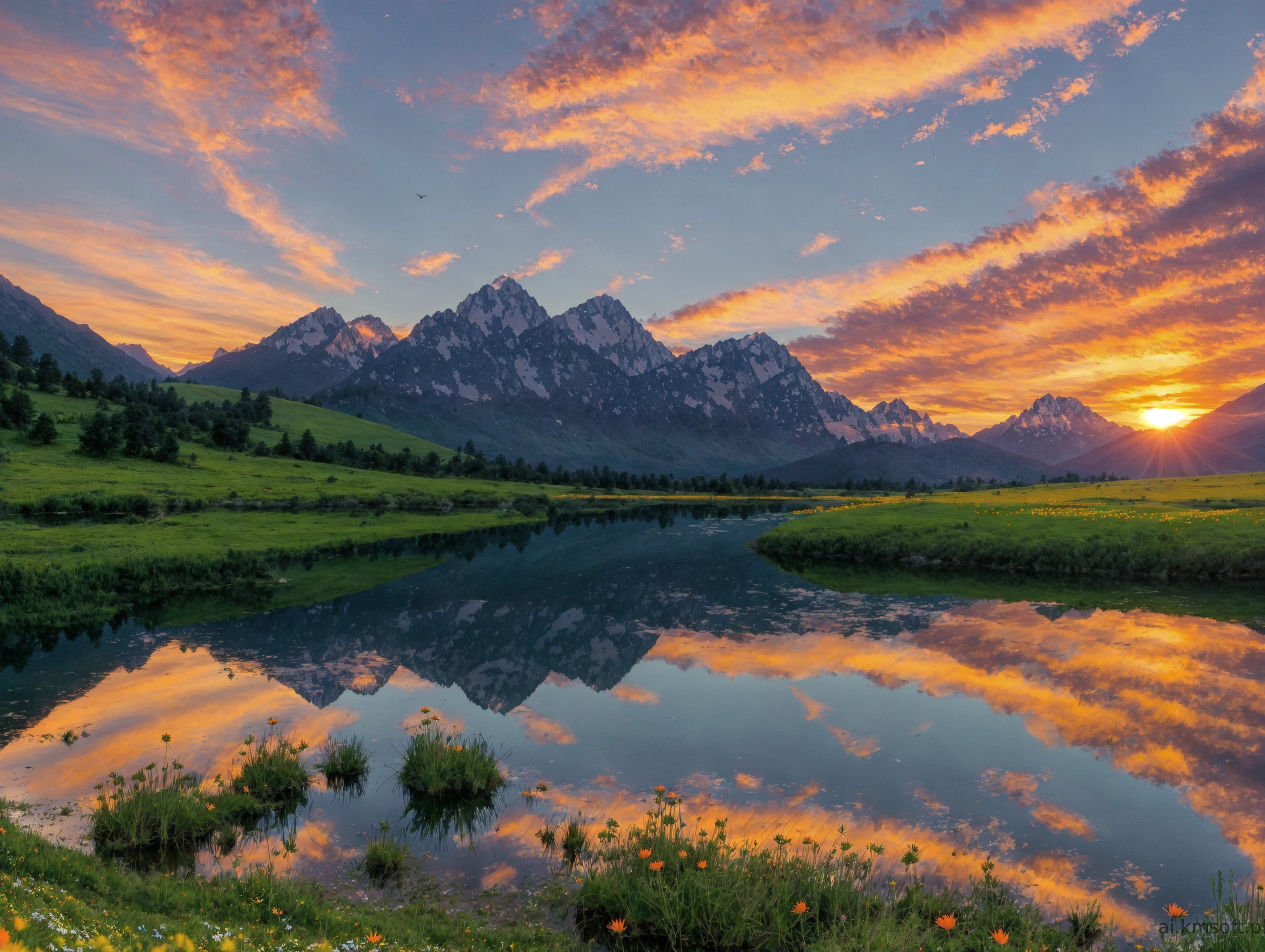Serene landscape at sunset, tranquil lake