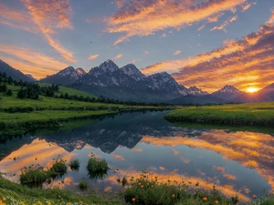 Serene landscape at sunset, tranquil lake