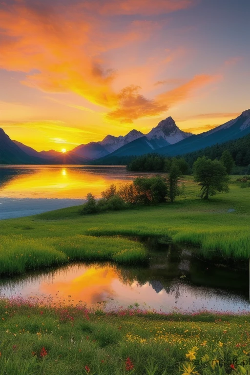 Serene landscape at sunset, tranquil lake
