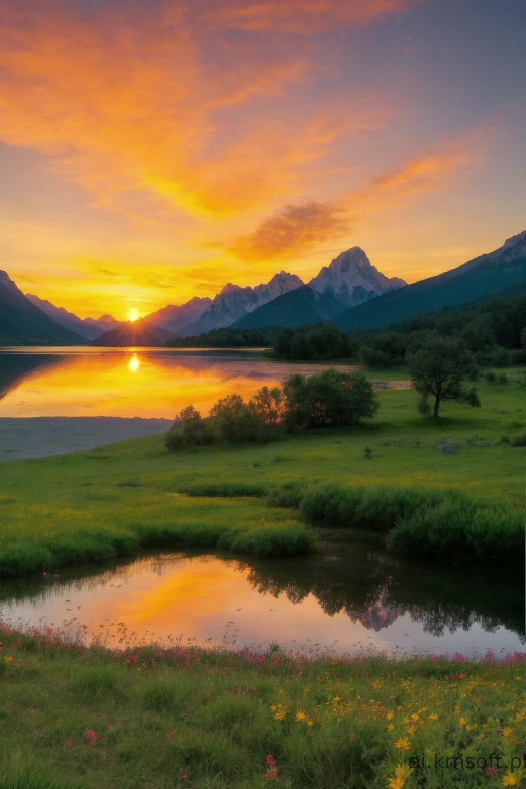 Serene landscape at sunset, tranquil lake