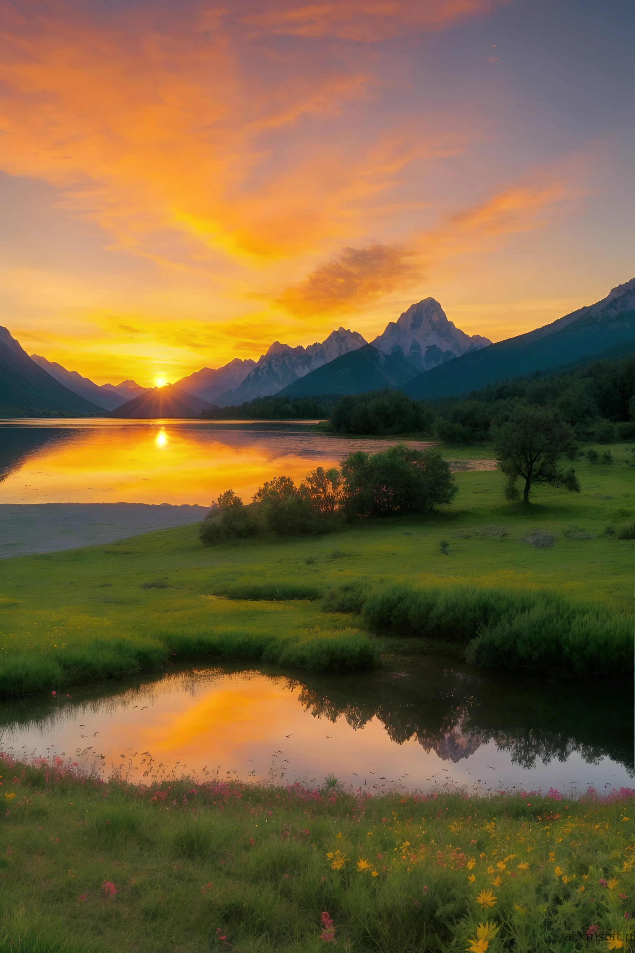 Serene landscape at sunset, tranquil lake