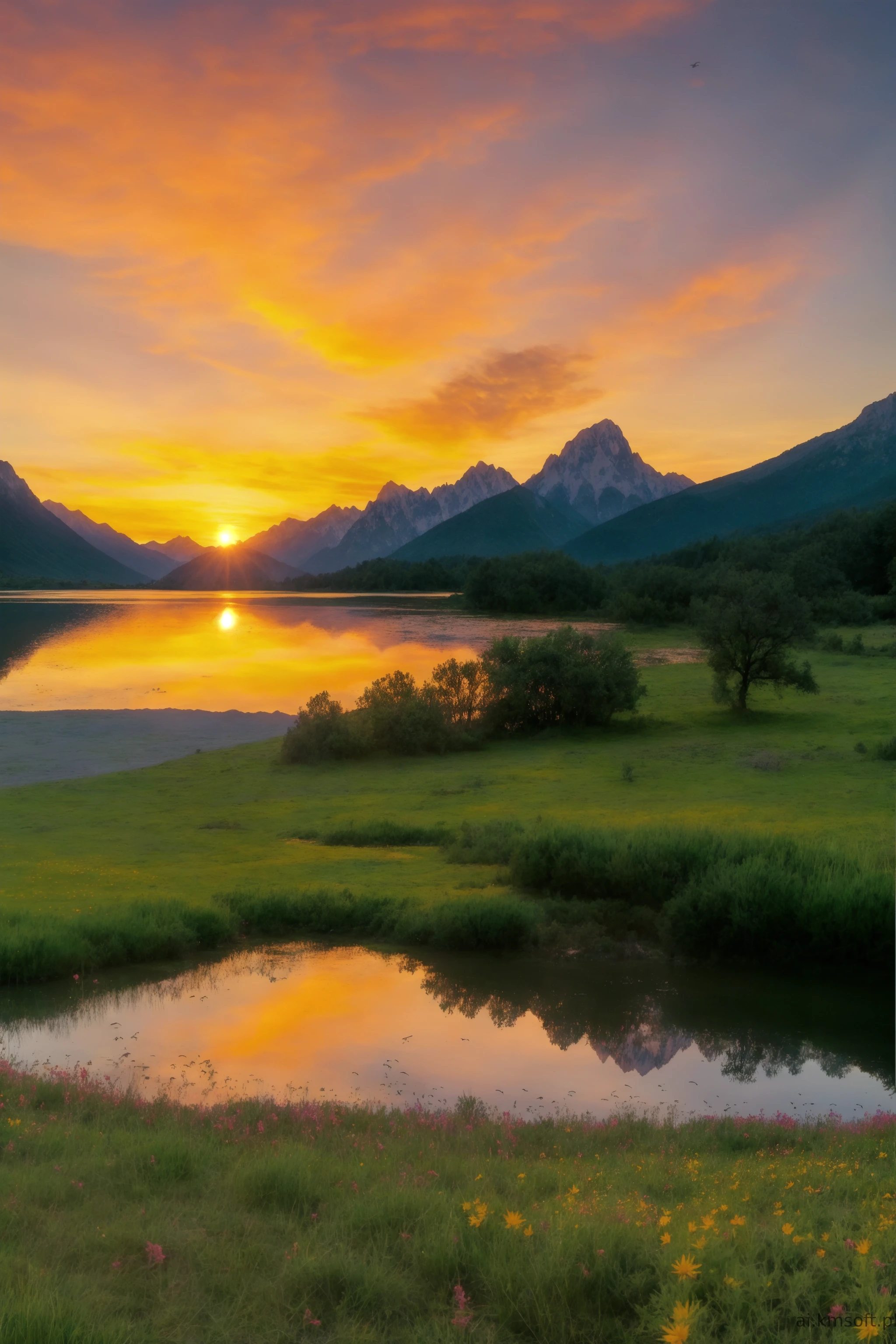 Serene landscape at sunset, tranquil lake