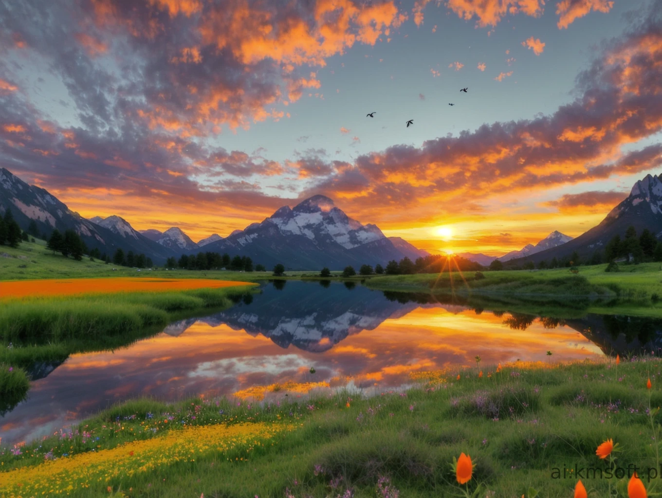 Serene landscape at sunset, tranquil lake
