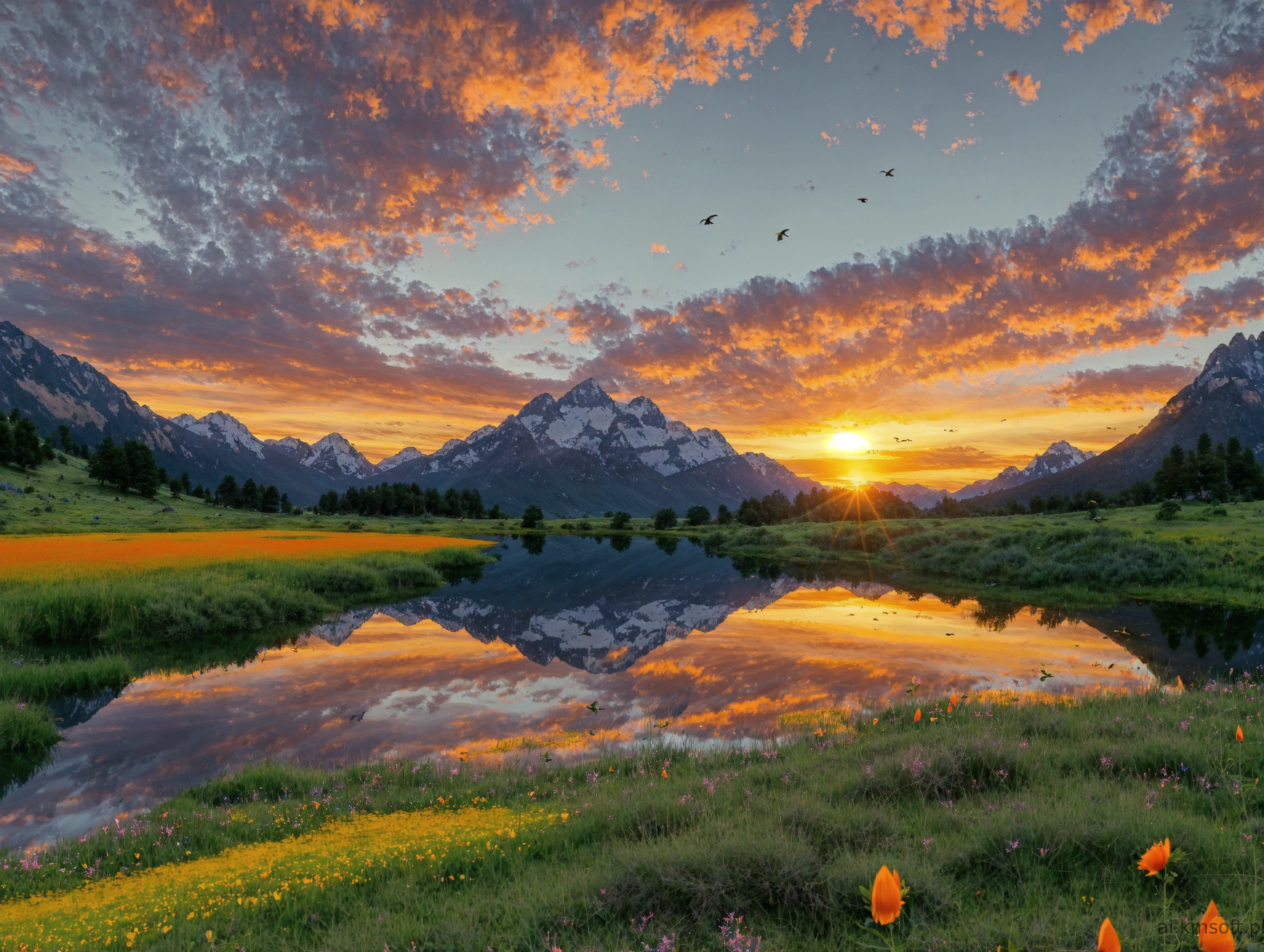 Serene landscape at sunset, tranquil lake