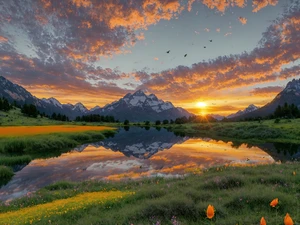 Serene landscape at sunset, tranquil lake