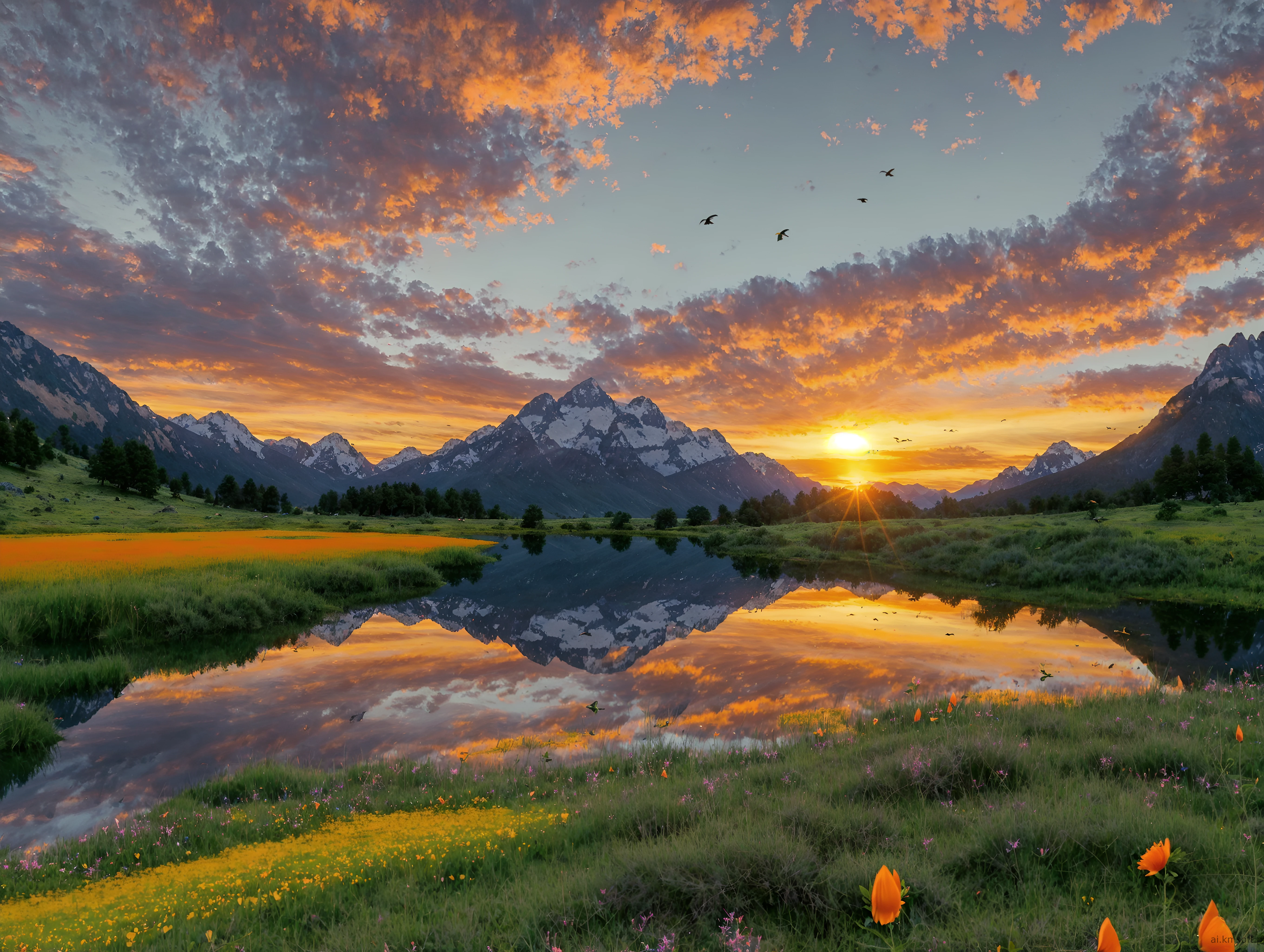 Serene landscape at sunset, tranquil lake