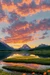 Serene landscape at sunset, tranquil lake