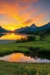 Serene landscape at sunset, tranquil lake