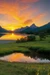 Serene landscape at sunset, tranquil lake