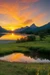 Serene landscape at sunset, tranquil lake