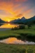 Serene landscape at sunset, tranquil lake