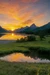 Serene landscape at sunset, tranquil lake